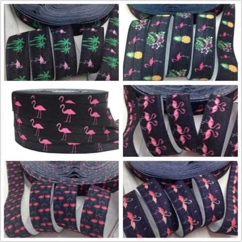 5Yards 16mm Hawaii Plam tree Black printed fold over elastic Flamingo FOE Handmade Accessories DIY Hair tie Headband supplier