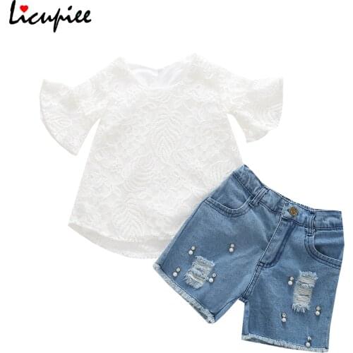 1-6 Years Clothing Sets Girls Clothes Set Floral Embroidery Short Flare Sleeve Lace Tops + Solid Color Ripped Short Jeans