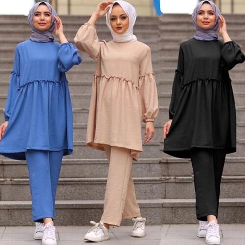 Muslim Ramadan Two Piece Set Women Sets Arab Turkey Islam Solid Tops and Long Pant Islamic Clothing Abaya Musulman Ensembles