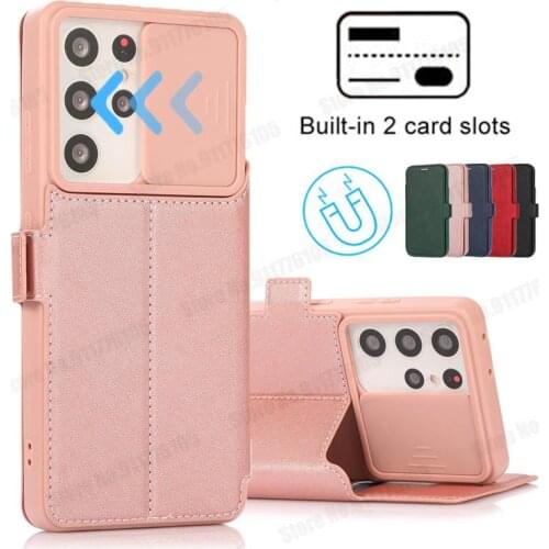 Leather Flip Phone Case For Samsung S21 S20 Ultra A72 A52 A32 5G A71 A51 A12 Slide Lens Protection Card Wallet Stand Soft Cover
