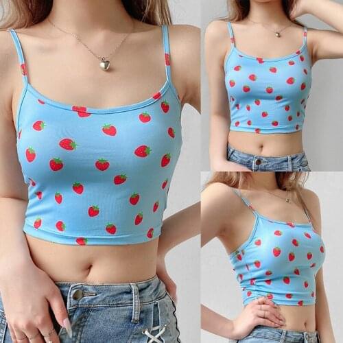 Hot kf-Strawberry Print Halter Camisole Womens Sleeveless Slim Inner Base Top Blue