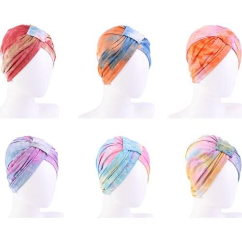 Fashion Tie Dye Print Cap Women Knot Beanies Hair Loss Cover Bonnet Muslim Ladies Headscarf Underscarf Turban Headwear Hat Wrap
