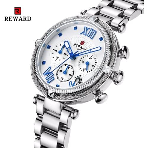 REWARD Womens Watches Luxury Silver Watch Women Sport Watch Chronograph Auto Date Women Watches Ladies Clock Relogio Feminino