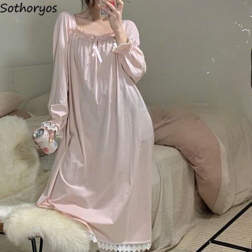Women Nightgowns Long Sleeve Lace Sweet Square Collar Retro Midi Nightdress Loose Cozy Bow Gentle Teens Sleepwear Kawaii S-4XL