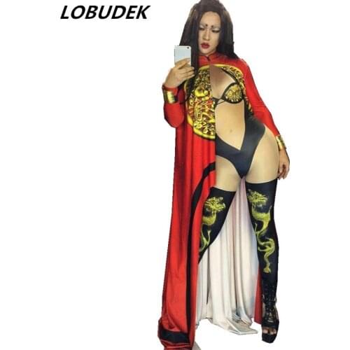 Nightclub Leading dancer stage costumes Red print Cloak leotard jumpsuit Bar female singer Costume DJ DS performance wears