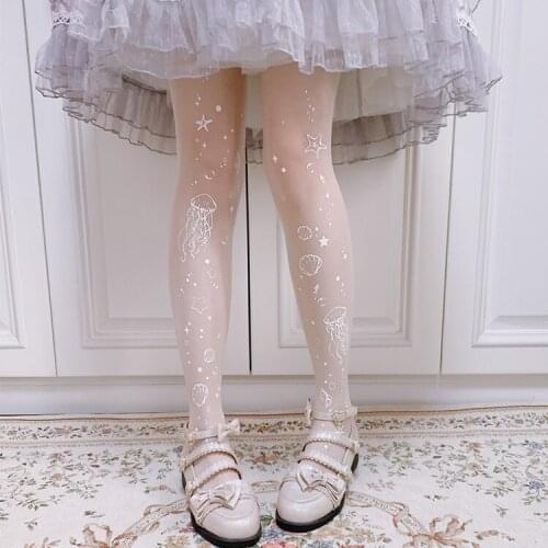 Sea moon jellyfish what lolita socks thin tights printing getting hot silver harajuku tights