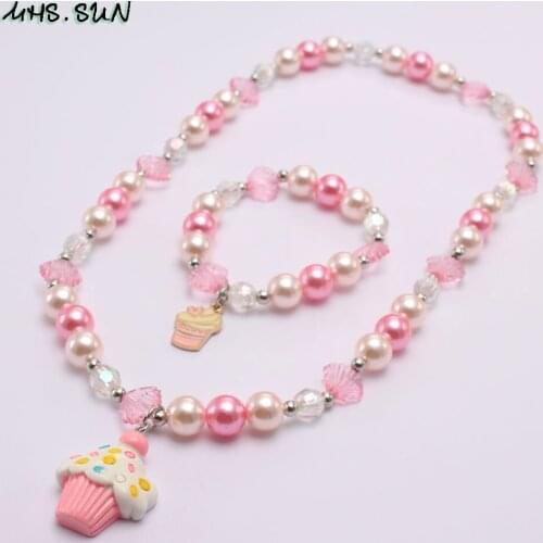 MHS.SUN New Arrive Girls Pink Pearl Beaded Necklace Bracelets Cake Charm Pendant Chokers For Baby Kids Elastic Jewelry Set Gifts