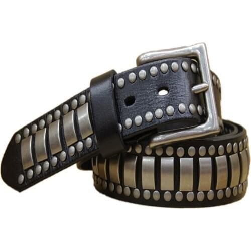 Genuine Real Leather Mens Belt High Quality Luxury Pin Buckle Rivet Waistband Male Fancy Vintage Jeans Punk Strap Belts Cowboy