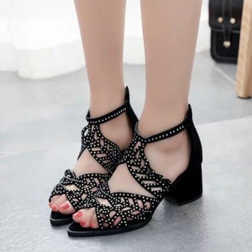 Sexy Womens Sandals Hollow Out Rhinestones Fish Mouth Sandals Ladies Back Zipper Thick Heel Peep Toe Shoes