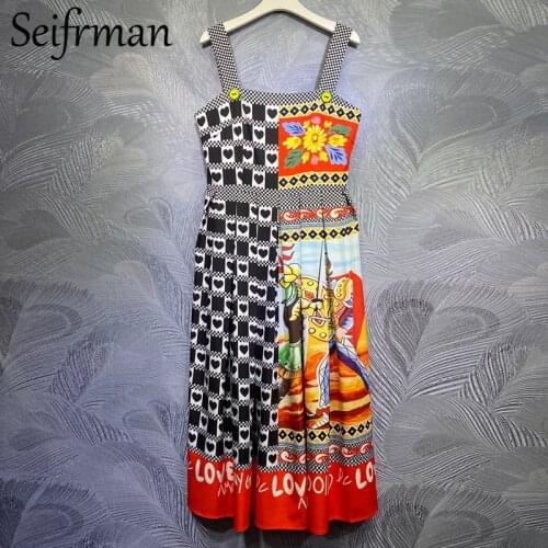 Seifrmann New 2021 Summer Women Fashion Designer Party Midi Dress Sexy Spaghetti Strap High Print Ladies A-Line Dresses Vestidos