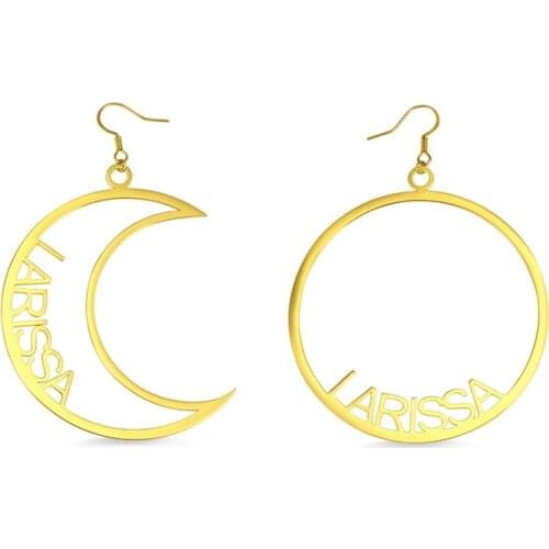 Noelia Personalized Moon & Sun Mismatched Custom Name Drop Hoops Earrings Stainless Steel 18k gold plated Earrings Jewelry