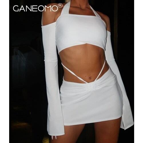 Sexy Two Piece Skirts Sets Women Long Sleeve Halter Crop Top and Party Bodycon Mini Skirt Matching Set Vacation Club Outfits