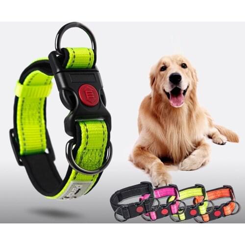 Reflective Dog Collar Soft Neoprene Padded Nylon Pet Puppy Collar Adjustable Medium Large Dog Collar with Quick Release Buckle