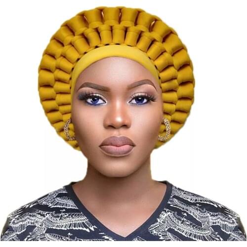 2020 fashion wedding headwear plain handmade Auto Gele already made ladies nigerian african head wraps muslim turban bonnet