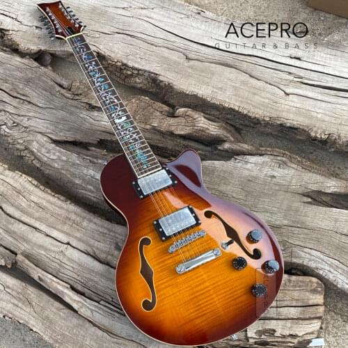 Grote Vintage Sunburst 12 Strings Semi Hollow body Electric Guitar Flower Inlays