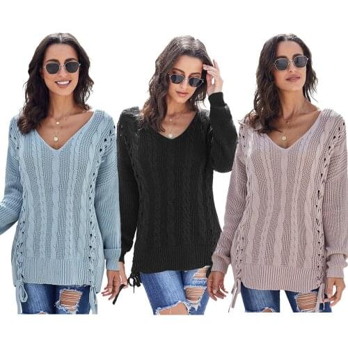 Knitting Cotton Thick Loose Sweater Womens Winter New European Solid V-Neck Long Sleeve Pullover Jumpers Top High Street 27994