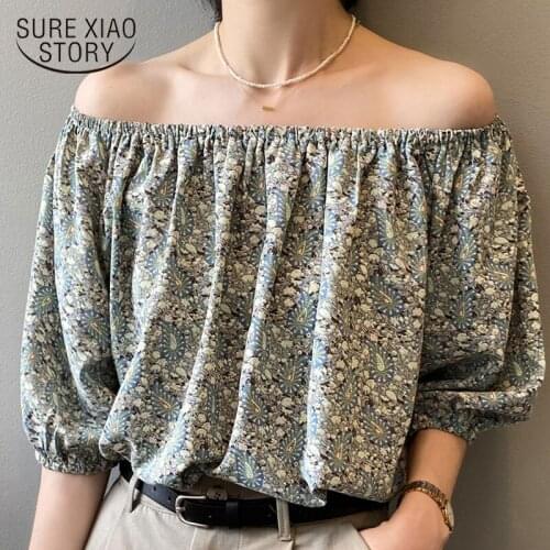 2021 Summer Korean Style Fashion Temperament One-line Collar Floral Shirt Female Lantern Floral Sleeve Top Strapless 14993