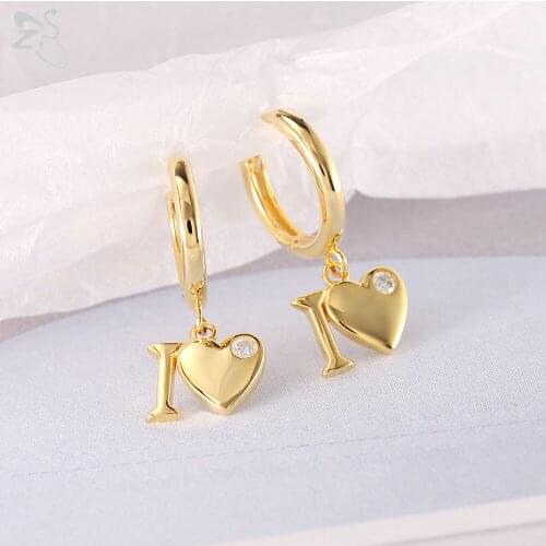 ZS Heart Shape Earrings 925 Sterling Silver Hoop Earring For Women I LOVE Design Circle Earring Gold Color Pendant Earrings Gift
