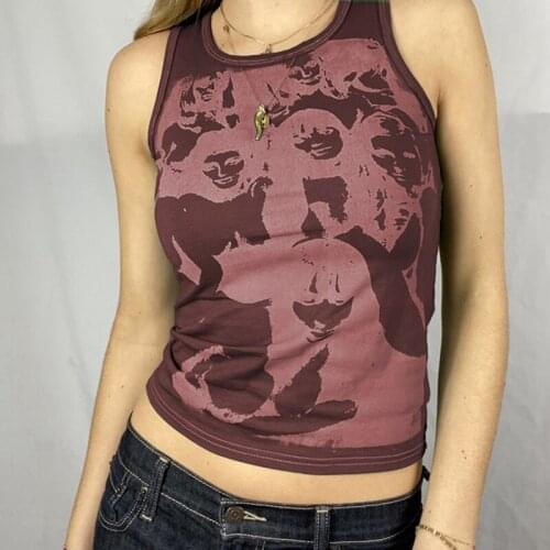 Womens Summer New Face Portrait Gothic Print Crop Top Classic O-neck Sleeveless Slim Fit Vest Y2K Aesthetics Streetwear