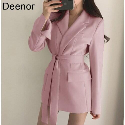 Deenor Autumn 2021 Lace Up Suit Coat Womens Fashion British Style Simple Long Sleeve Belt Chic Ladies Fashion Jacket Women