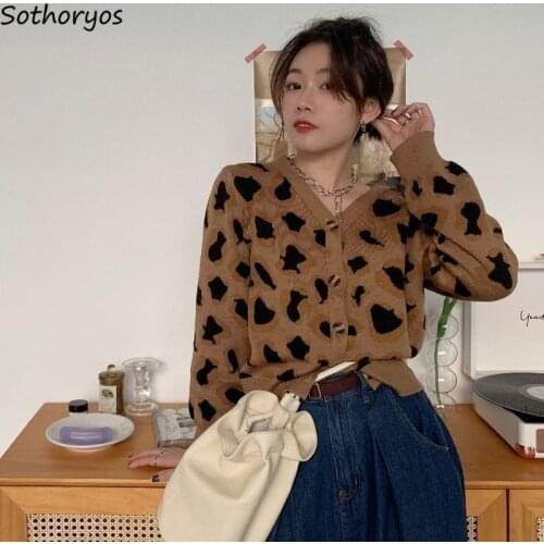 Leopard Women Cardigan V-neck Loose All-match Single Breasted Design Korean Style Elegant Chic Knitted Top Female Fashion Casual