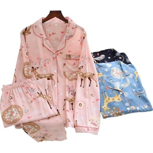 2021 Spring Womens Pajamas Set Elegant Floral Print Full-Sleeve Cotton Top+Pants Summer Fall Thin Mosquito-Proof Loose Homeware