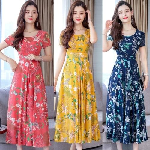 2019 Women O-Neck Floral Print Long Dress Summer Casual Short Sleeve Maxi Dresses