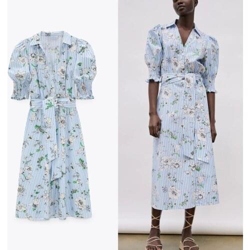 2021 Shirt Dress Striped Print Short Puff Sleeve Elegant Midi Summer Dress Women Fashion Elastic Waist Belt Sky Blue Dresses