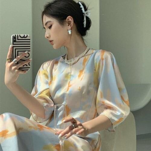Womens Silk Dress French Vintage Oil Painting Print Puff Sleeve Dress 2021 Summer New Elegant Palace Style Holiday Party Dress