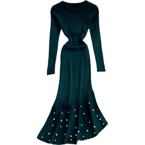 New Spring Autumn Women Long Sleeve Slim Dress High Quality Beading Asymmetrical Mermaid Hem Knitted Dress