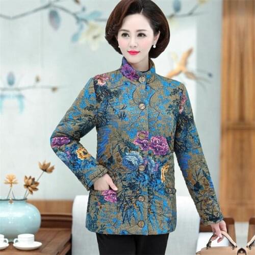 Womens winter coat new middle-aged and elderly cotton coat mothers clothing plus velvet thick print Slim wild womens clothing