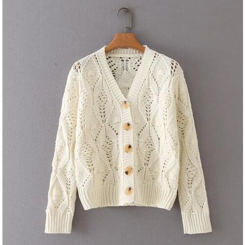 ZXQJ Women 2021 Fashion Hollow Out Cropped Knitted Cardigan Sweater Vintage V Neck Short Sleeve Female Outerwear Chic Tops