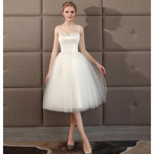 #10011 Tea-Length Spaghetti Strap Sweetheart Backless Bridal Satin Sleeveless Wedding Dresses White
