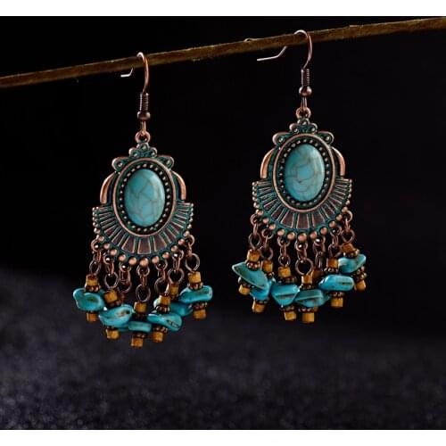 2019 Vintage Bohemia Green Water Droplets Stone Beads Tassel Womens Earrings Charm Hippie Ethnic Jewelry Bijoux