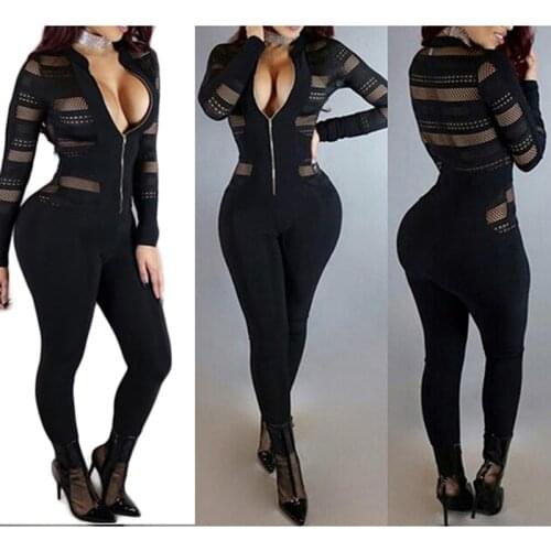 Black Sexy Bodycon Jumpsuit Romper Long Sleeve Bodysuit Women Zipper V Neck Jumpsuit Elegant Full Length Polyester 2020