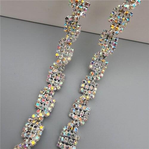 1 yard Silve AB Color Crystal Rhinestones Trim Ribbon 1CM Width Bling Metal Chain for Wedding Dress Bag Necklace Accessories