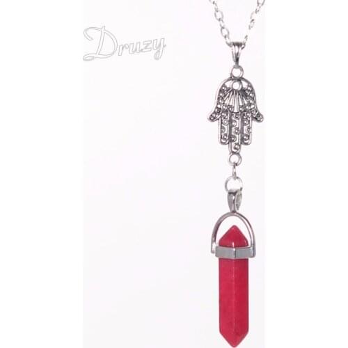 Druzy Light Blue Chakra Stone Rose Color White Crystal Opal Hamsa Hand Point Pendant Necklace Healing Power Crystal Amulet Bead