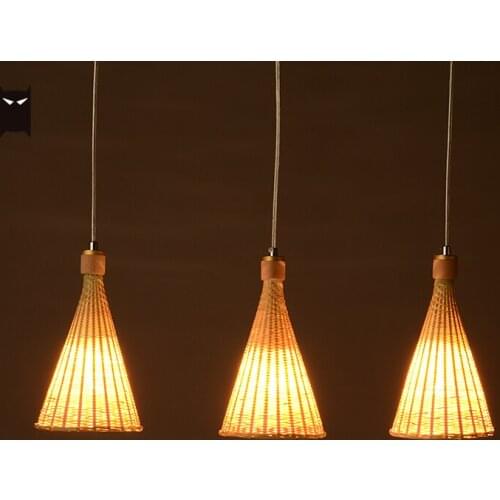 Delicate Single Bamboo Wicker Rattan Taper Pendant Light Fixture Woven Rural Country Vintage Hanging Ceiling Lamp Farmhouse Room