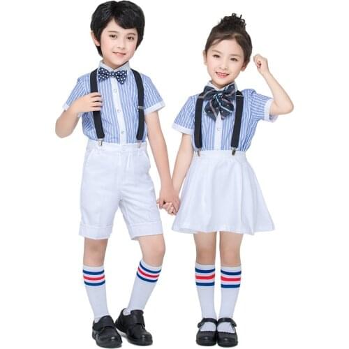 Fashion Boys and Girls Clothes Kids Striped Shirt with Bows and Suspender Shorts or Skirt Formal Children Clothing Set