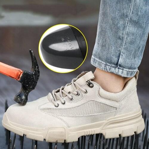 Men safe protective shoes leather anti-smashing anti-puncture wear-resistant fashion safety shoes mesh breathable shoes