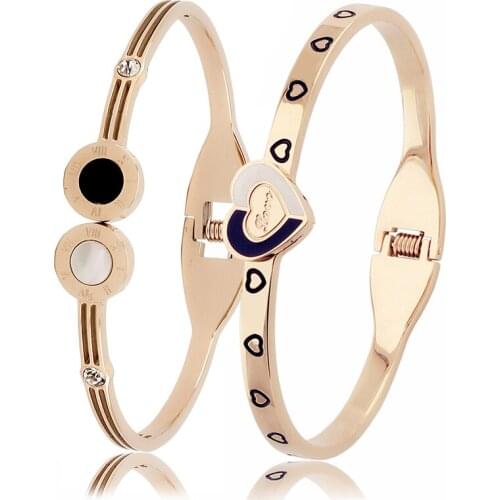 Wholesale New Trendy Rose gold Color 316L Stainless Steel Cubic zirconia Bangle Bracelets for Women Gift