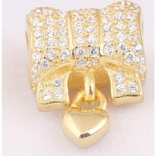 Original Gold Color Shine Heart & Bow With Crystal Pendant Beads Fit 925 Sterling Silver Bead Charm Bracelet DIY Jewelry