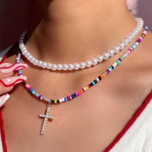 Trendy New Cross Pendent Handmade Beaded Necklace Boho Vitage Multi-layer Imitation Pearls Choker Necklaces for Women Jewelry