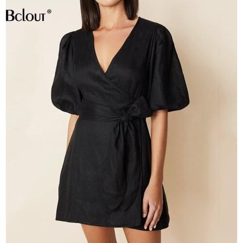 Bclout Black Puff Sleeve Summer Dress High Waist Elegant Pleated Mini Dresses Female 2021 Bandage Sexy V Neck A -Line Vestido