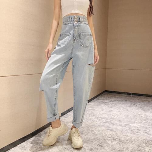 Harajuku Hole Straight Pants Ripped Denim Clothing Fashion Women Jeans Pants Leisure Loose Streetwear Vintage Blue High Waist
