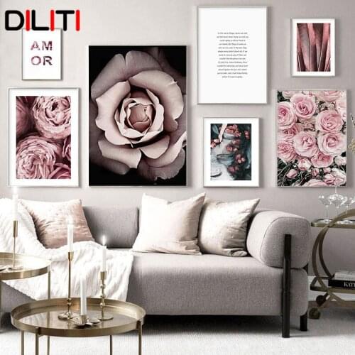 Scandinavian Symbol of Love Canvas Poster Rose Flower Feather Print Painting Nordic Modern Wall Art for Living Room Decor
