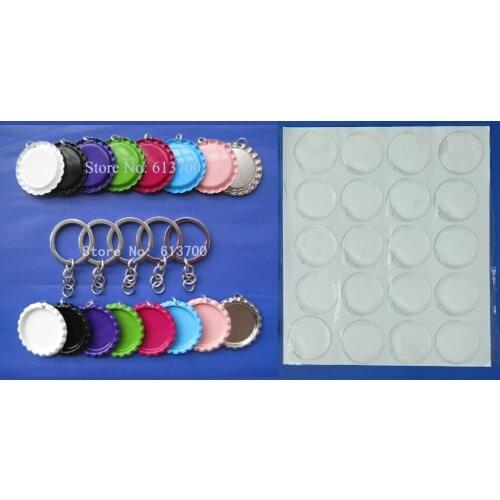Mixed Order 300 pcs/lot : 100 Pcs Flattened Both Side Colored Bottle caps with holes +100 pcs Clear Epoxy +100 pcs key chains