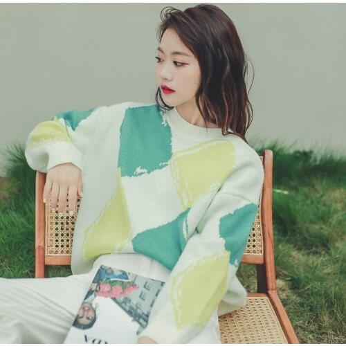 Vintage O Neck Long Sleeve Women Sweater Korean Streetwear Hit Color Patchwork Plaid Pullovers 2021 Fashion Oversize Pullovers