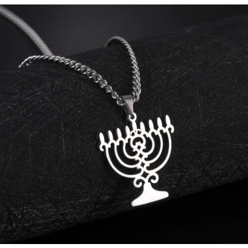 Teamer Stainless Steel Necklace Candle Menorah Pendant Necklace for Women Men Emblem Jewish Religious Jewelry Hanukkah Gifts