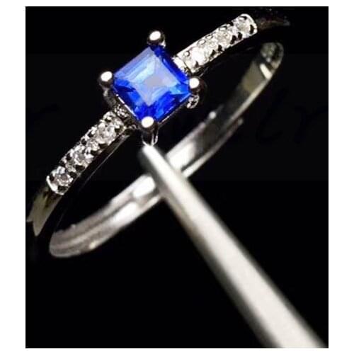 Per jewelry Natural real blue sapphire square Finger ring Free shipping 925 sterling silver 0.2ct gemstone R8081715